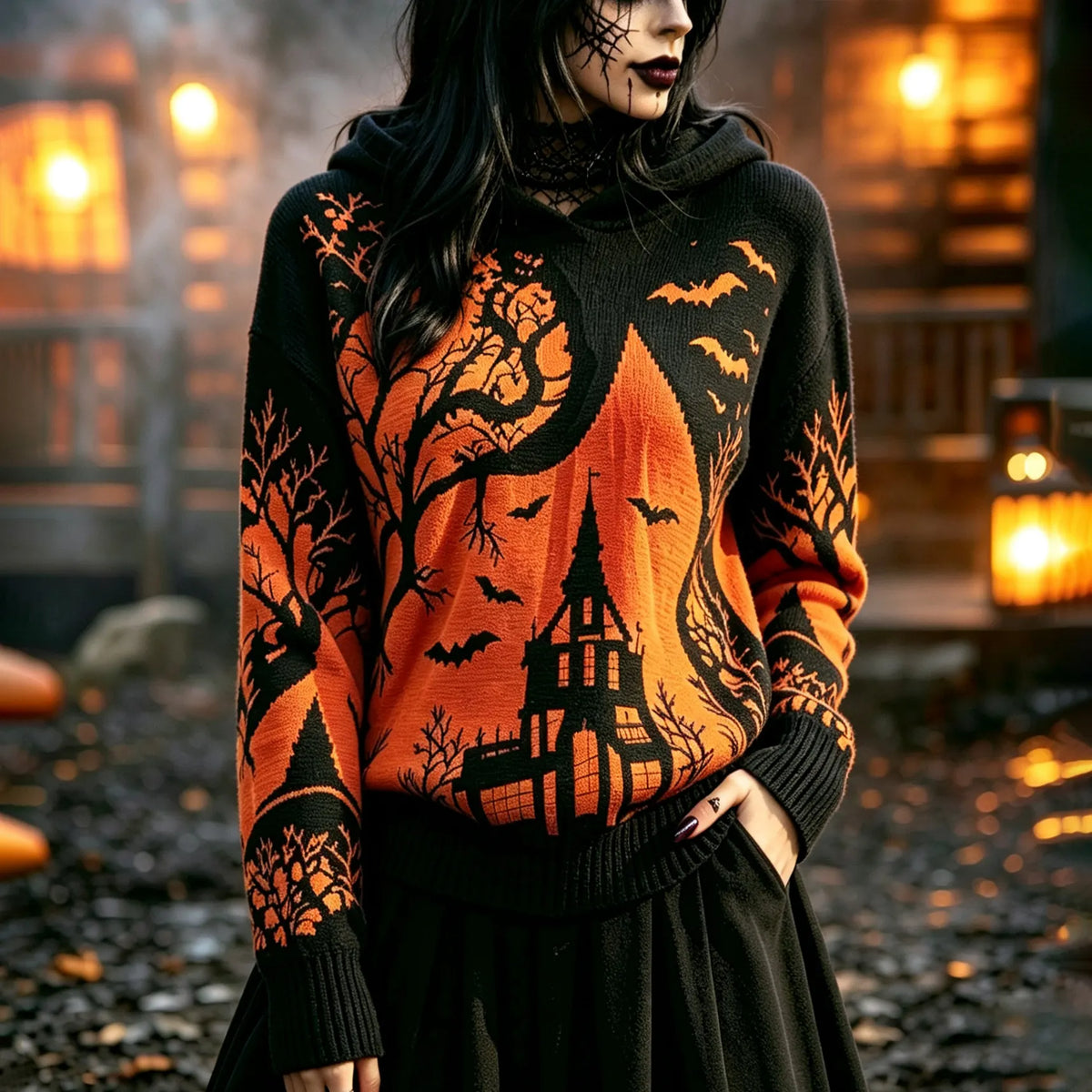 Women's Halloween Gradient Treehouse Design Print Hooded Sweater