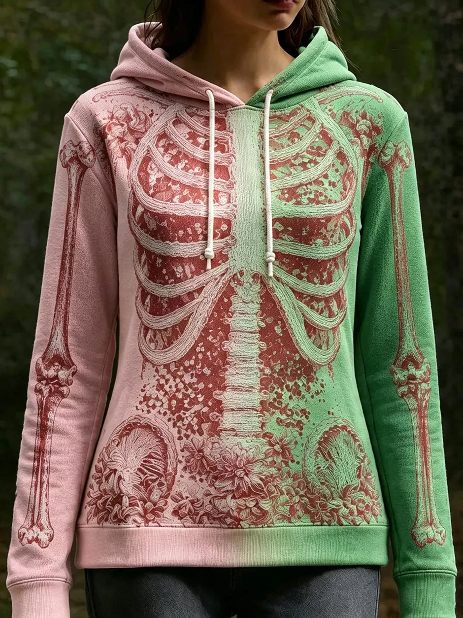 Women's Retro Halloween Human Body Structure And Floral Art Gradient Warm Hoodie