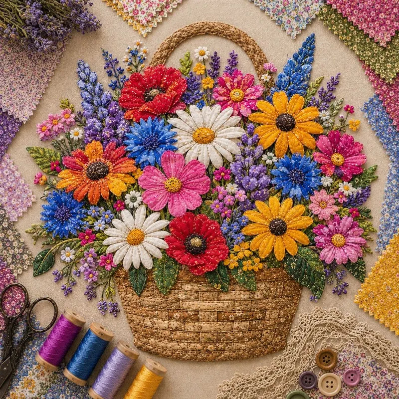 🌸🧵 Premium Floral Basket Patchwork DIY Kit | High-Quality Layered Fabric Bouquet with Raised Petals & Woven Basket Details ✨
