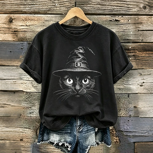 Women's Retro Halloween Witch Hat Black Cat Print T-shirt