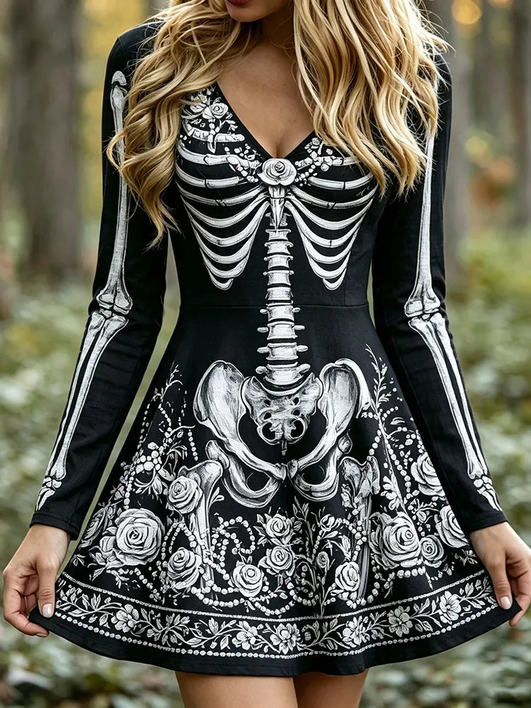 Women's Vintage Halloween Skeleton Roses Art Print V Neck Long Sleeve Midi Dress