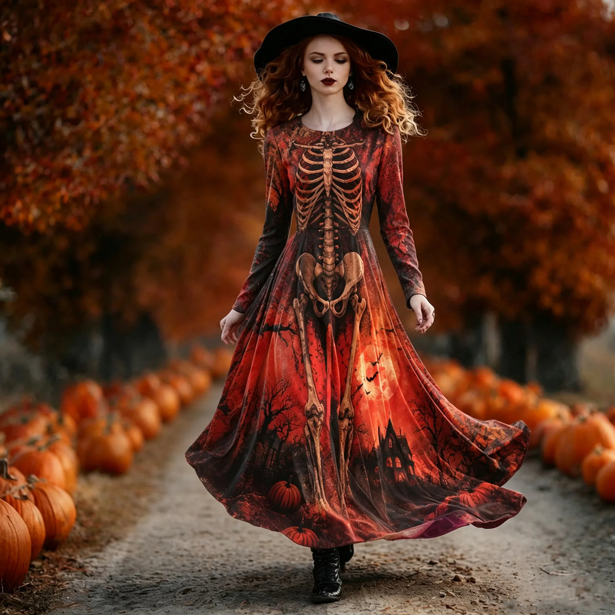 Women's Halloween Skull Gothic Dark Red Blood Moon Haunted House Pumpkin Print Flowy Long Dress