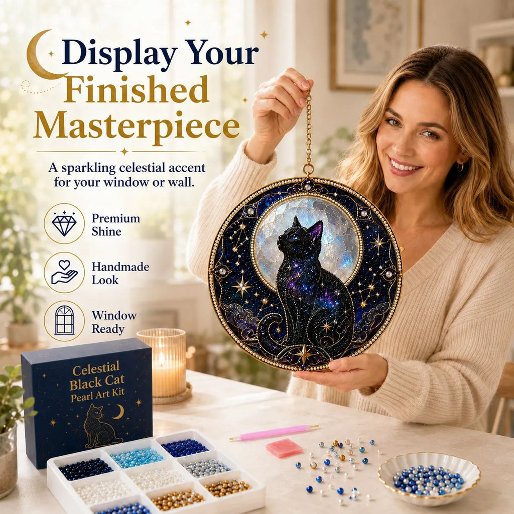 🌙🐈‍⬛ LAST DAY 49% OFF – ✨ Premium 3D Pearl Celestial Black Cat Window Hanging Kit | Luxury Flocked Canvas with Scratch-Resistant Non-Fading Pearl Beads DIY Handmade Moonlight Suncatcher Decor 🔮💎