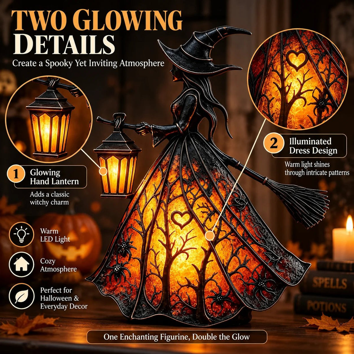 🧙‍♀️7-Inch Lighted Gothic Witch Lantern – Warm LED Halloween Figurine for Mantel, Shelf & Table Decor