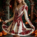 Women's Retro Halloween Human Bone Floral Print Long-sleeved Cotton Linen V-neck Dress