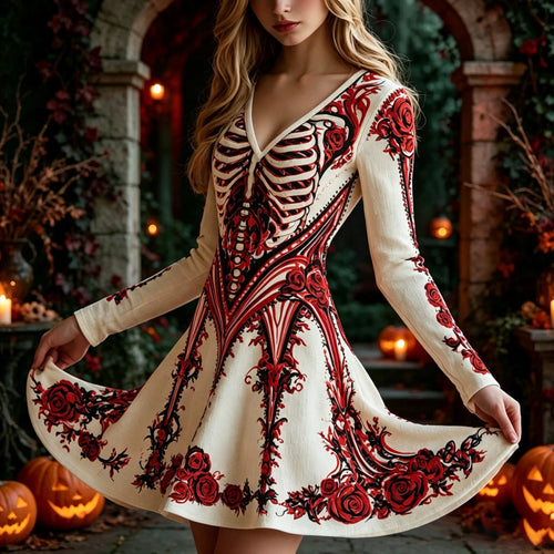 Women's Retro Halloween Human Bone Floral Print Long-sleeved Cotton Linen V-neck Dress