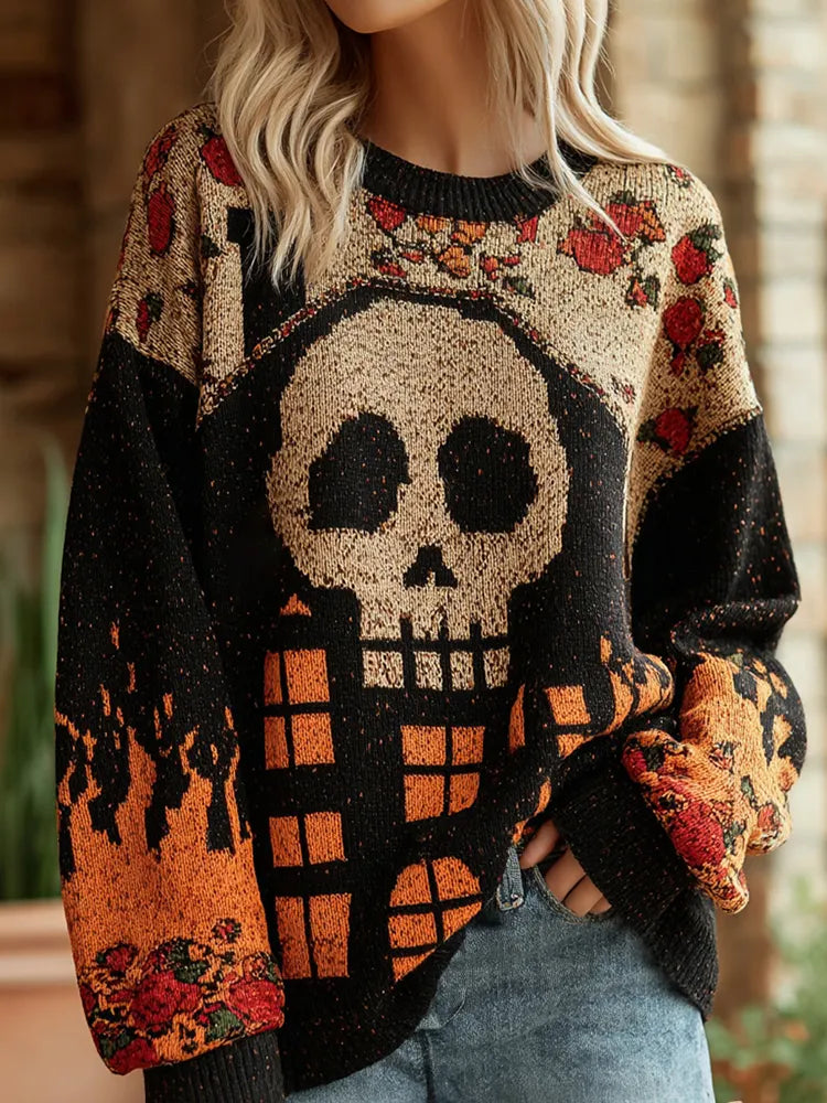Women's Retro Halloween Skull Gothic House Pattern Print Knit Sweater