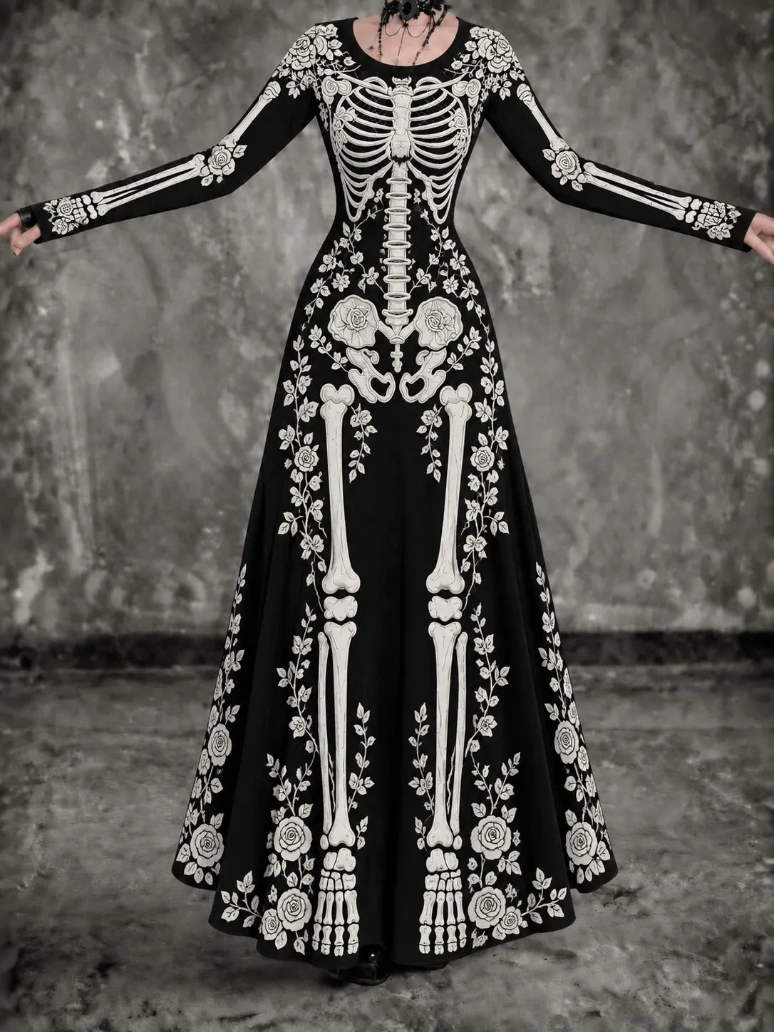 Women's Vintage Halloween Skeleton Art Comfy Maxi Dress
