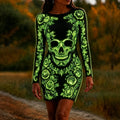 Women's Halloween Dark Gothic Neon Skull Art Crew Neck Long Sleeve Dress
