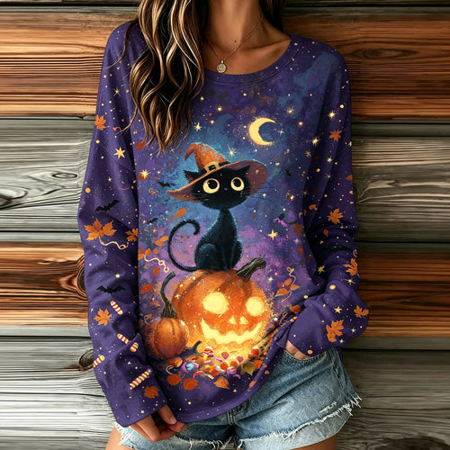 Women's Halloween Black Cat And Pumpkin Print Long-sleeve T-shirt