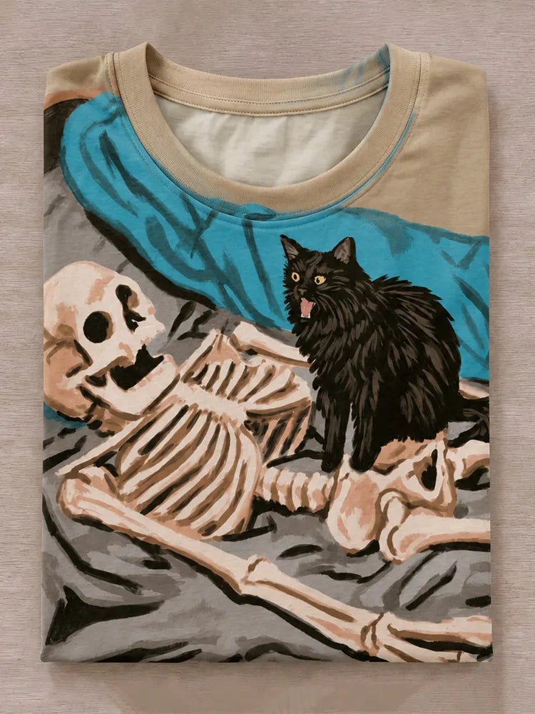 Women's Funny Halloween Cat And Skeleton Art Print Crew Neck Short Sleeve T-shirt