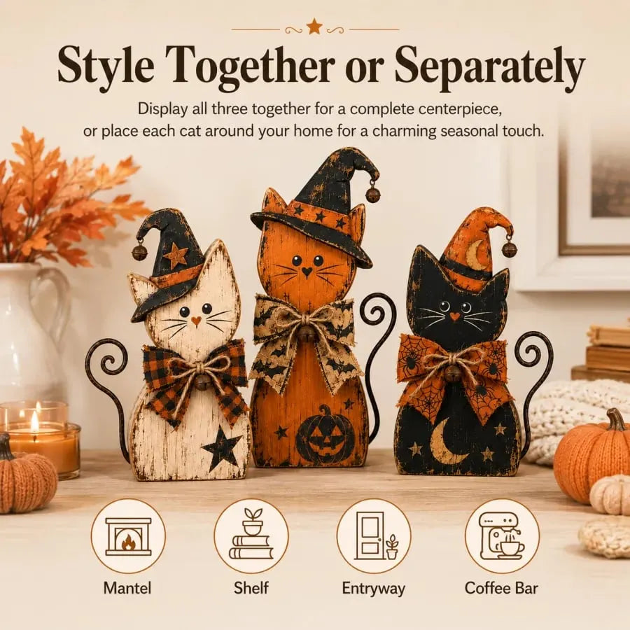 Vintage Halloween Witch Cat Decor Set