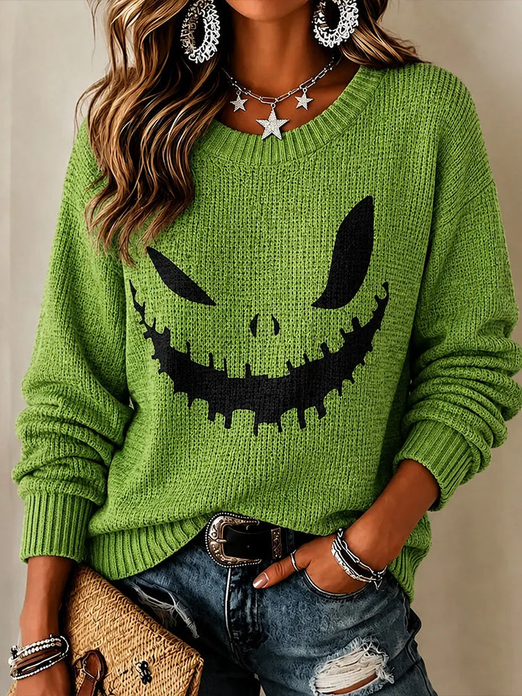 Women's Halloween Pumpkin Ghost Face Art Casual Crewneck Sweater