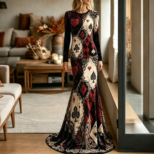 Women's Halloween Gothic Style Red Queen Of Hearts Playing Card Diamond Pattern Velvet Long Dress