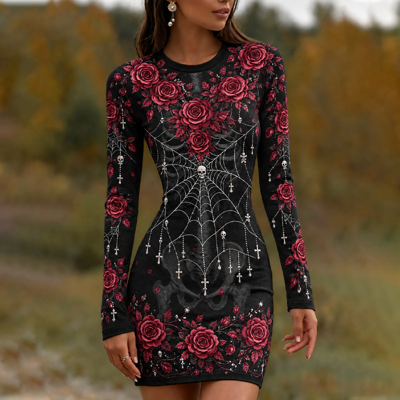 Girl's Halloween Rose Spiderweb Skeleton Gothic Bodycon Dress