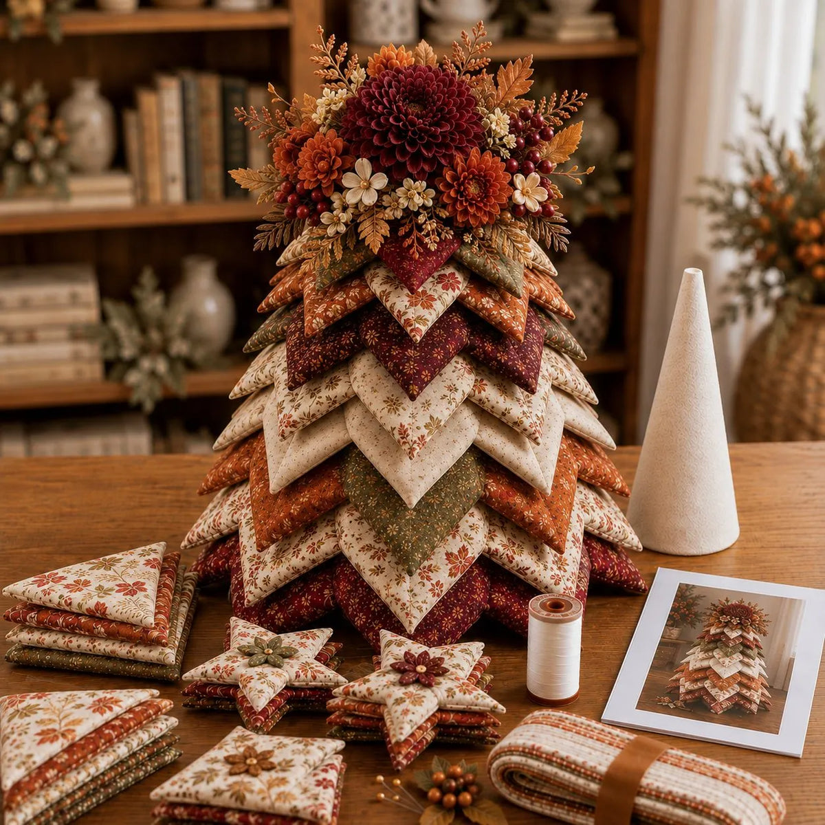 🍂 Beginner-Friendly DIY Fabric Patchwork Fall Tree Kit | Coordinated Autumn Fabrics, Cone Base, Securing Pins & Floral Topper Included 🌼✨