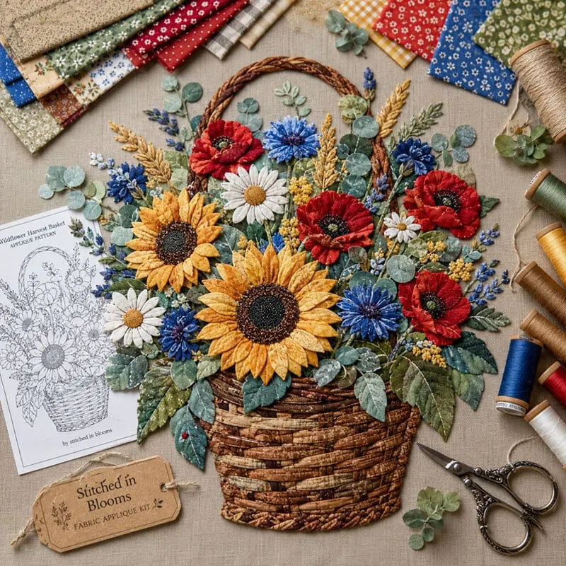 🌸🧵 Premium Floral Basket Patchwork DIY Kit | High-Quality Layered Fabric Bouquet with Raised Petals & Woven Basket Details ✨