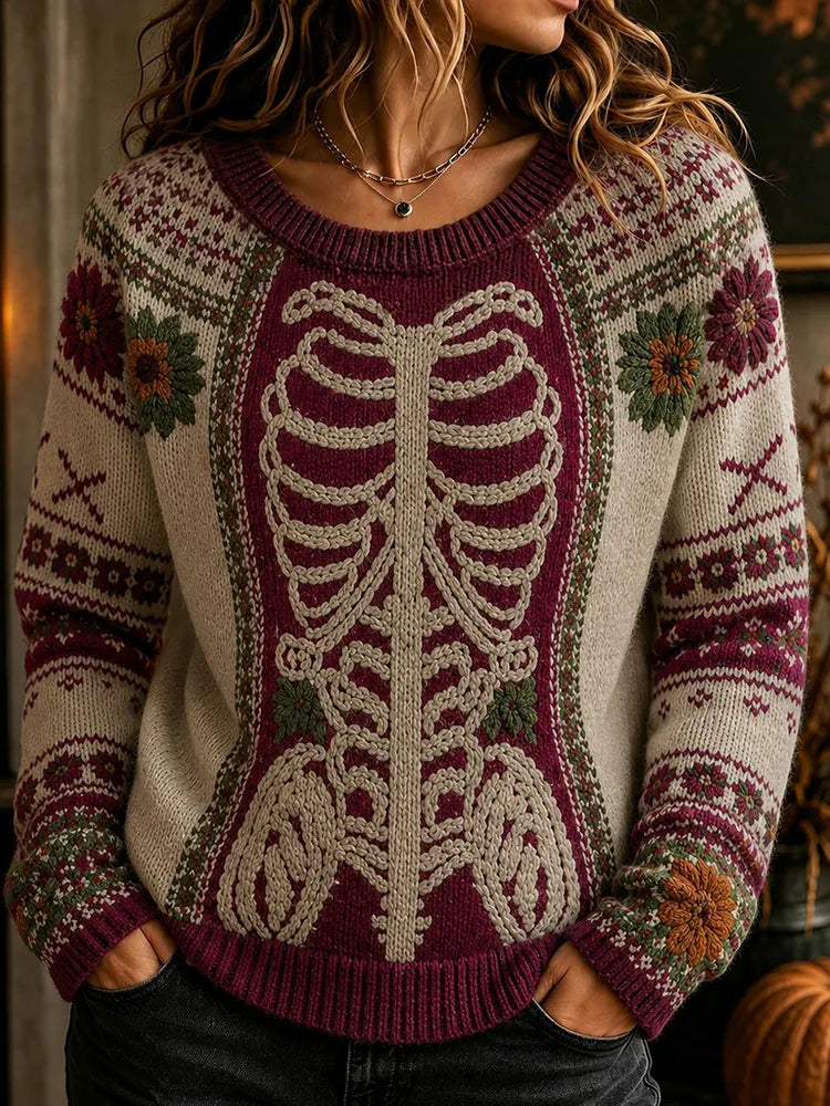Women's Retro Halloween Human Body Floral Knit Crew Neck Sweater
