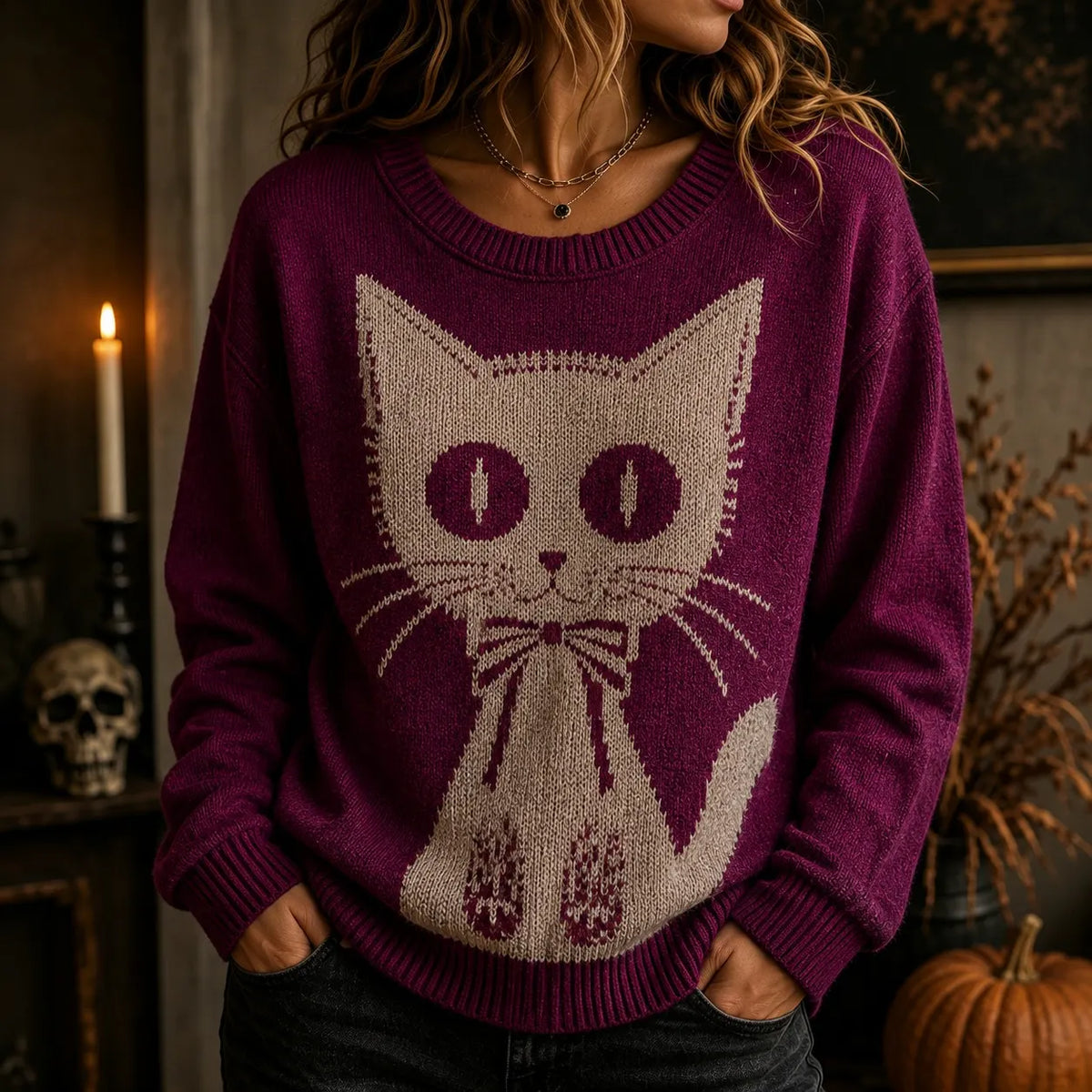 Women's Retro Halloween Bow Cat Knit Crew Neck Sweater