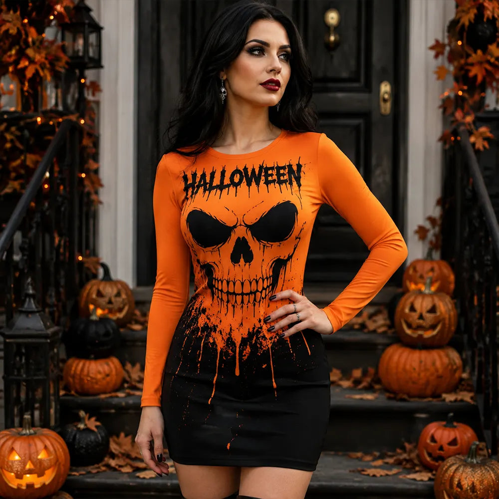 Women's Halloween Bodycon Mini Dress - "halloween" Lettering And Spooky Skull Print Long Sleeve Dress