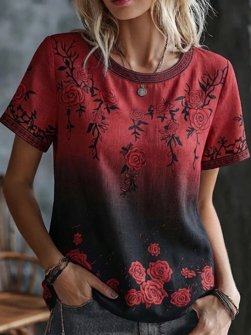 Women's Retro Rose Gradient Print Crew Neck T-shirt