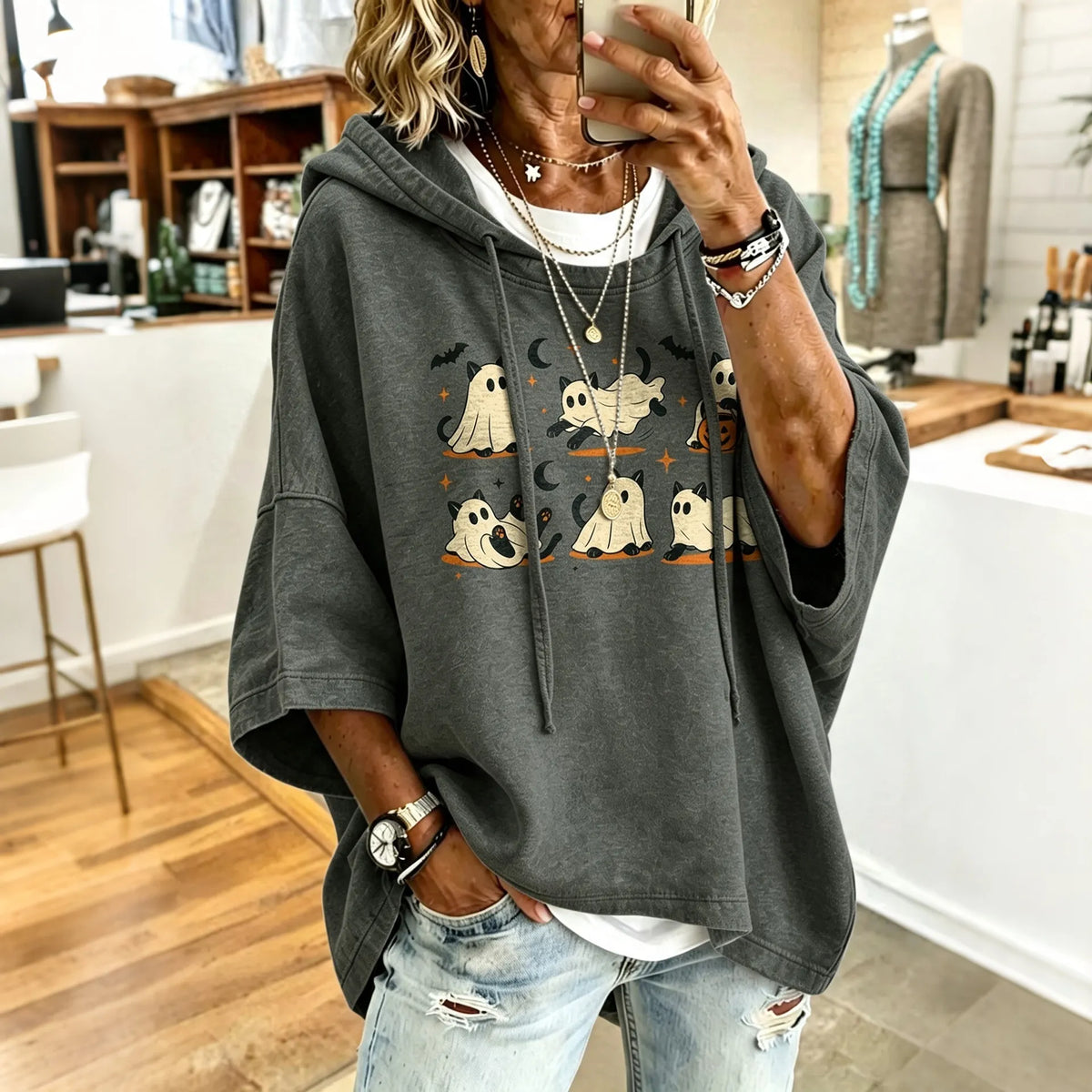 Women's Retro Halloween Ghost Cat Art Print Casual Hooded Sweatshirt
