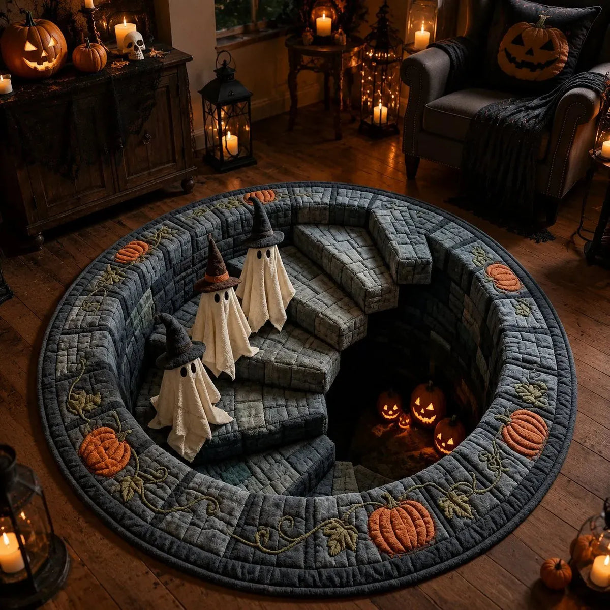 🔥👻 3D Haunted Staircase Round Rug – Spooky Halloween Optical Illusion