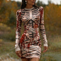 Women's Halloween Skull Mummy Long-sleeved Bloodstained Print V-neck Gothic Horror Party Dress