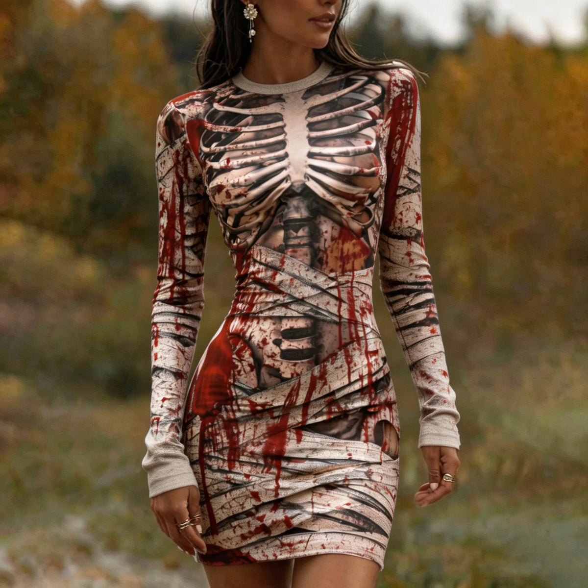 Women's Halloween Skull Mummy Long-sleeved Bloodstained Print V-neck Gothic Horror Party Dress