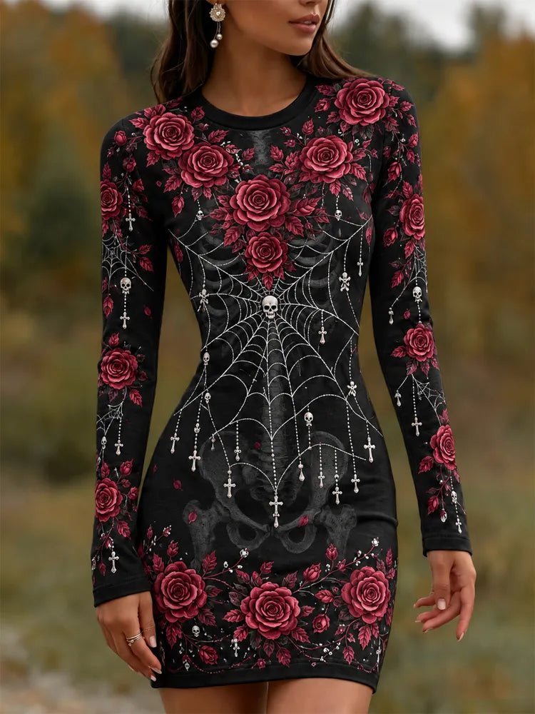 Girl's Halloween Rose Spiderweb Skeleton Gothic Bodycon Dress