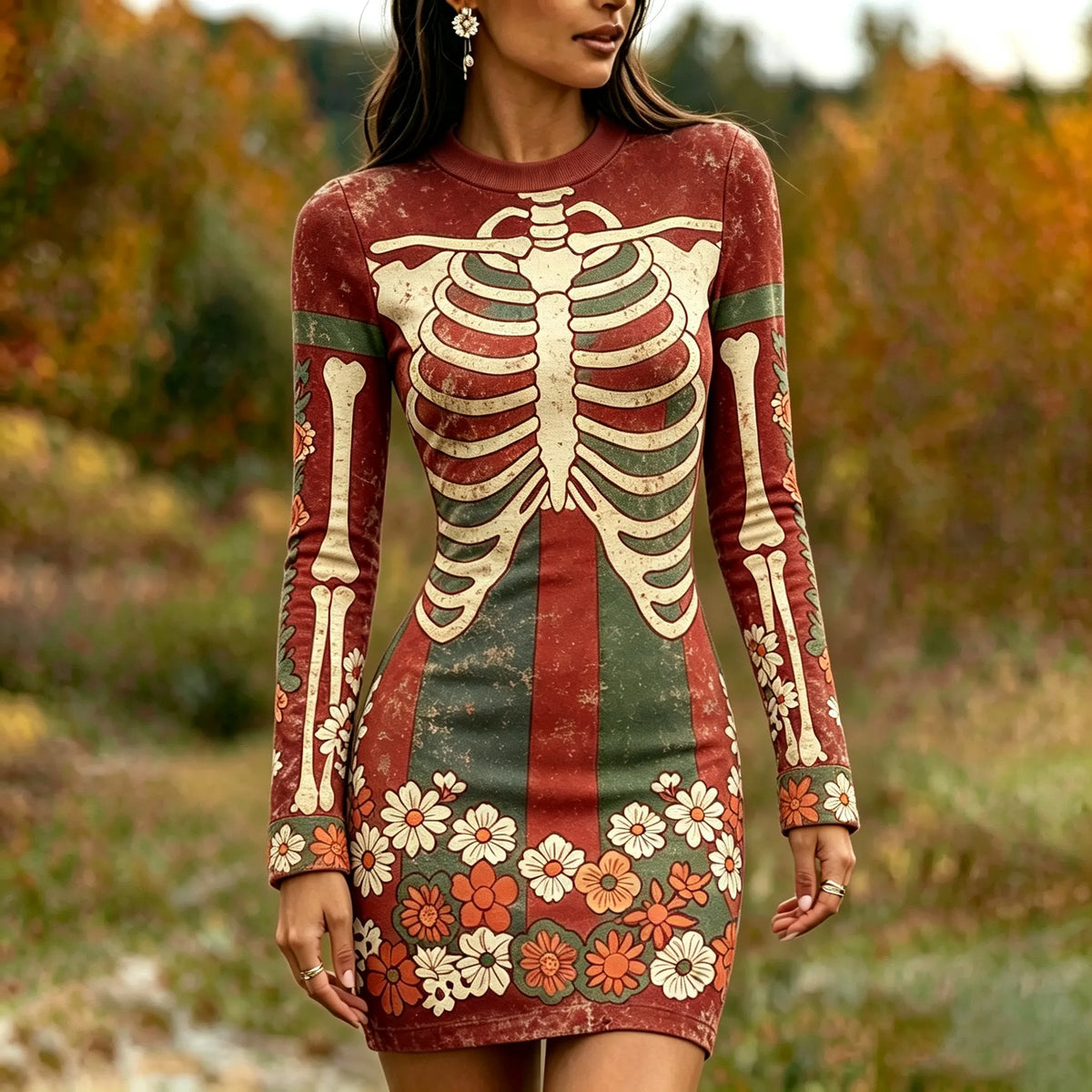Women's Gothic Skeleton White Floral Art Print Bodycon Mini Dress