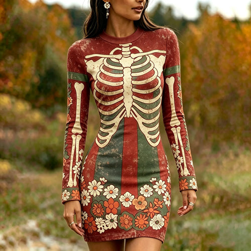 Women's Gothic Skeleton White Floral Art Print Bodycon Mini Dress