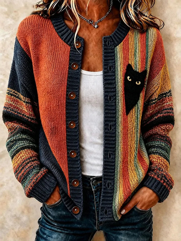 Women's Retro Striped Color Block Black Cat Print Crew Neck Cardigan