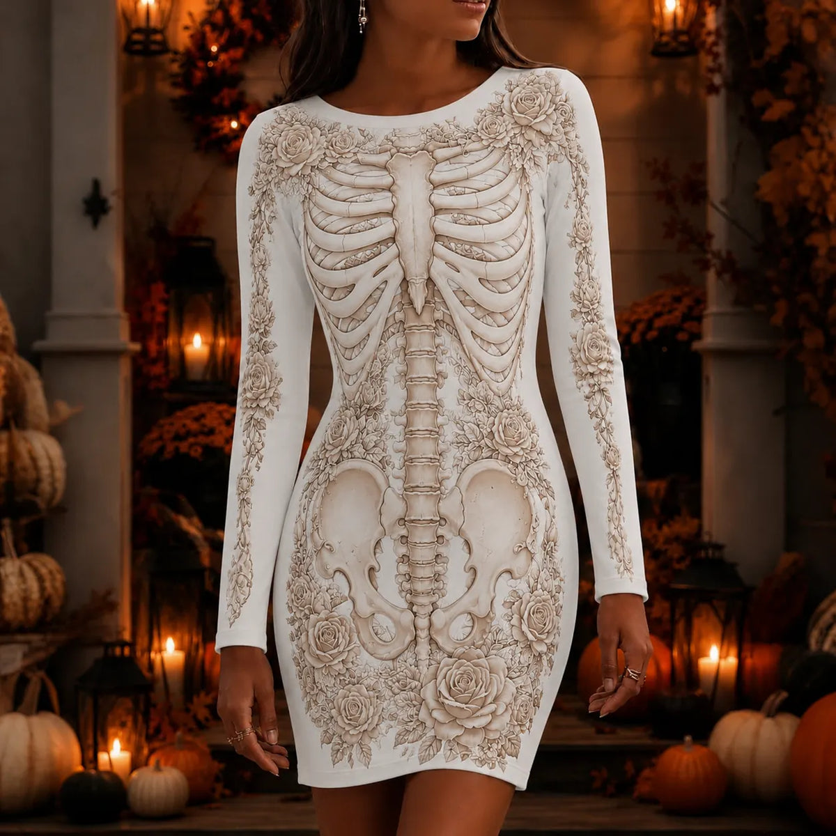 Women's Skeleton & Floral Halloween Art Print Mini Dress