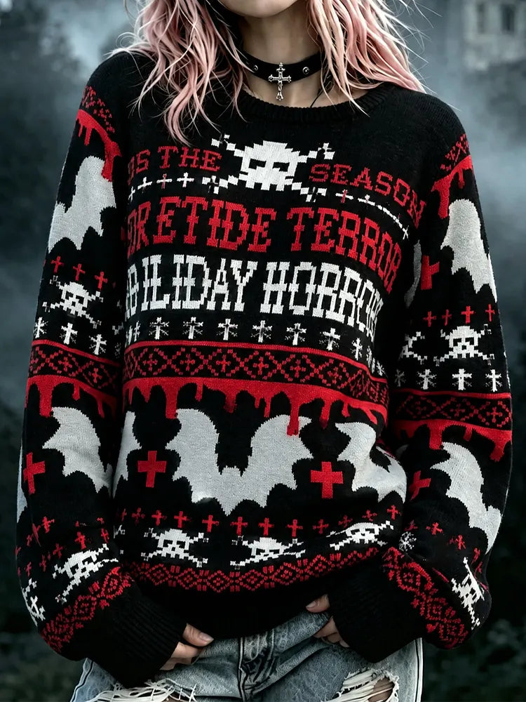 Women's Halloween Gothic Bat Cross Long Sleeve Sweater