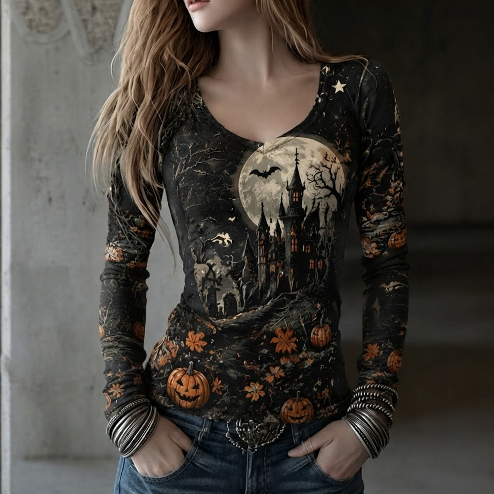 Women's Scoop Neck 3/4 Sleeve Halloween T-shirt With Haunted Castle, Full Moon, And Jack-o'-lantern Print