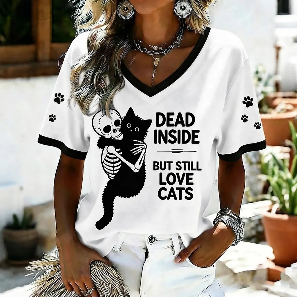 Women's Dead Inside But Still Love Cats Halloween Printed V-neck T-shirt