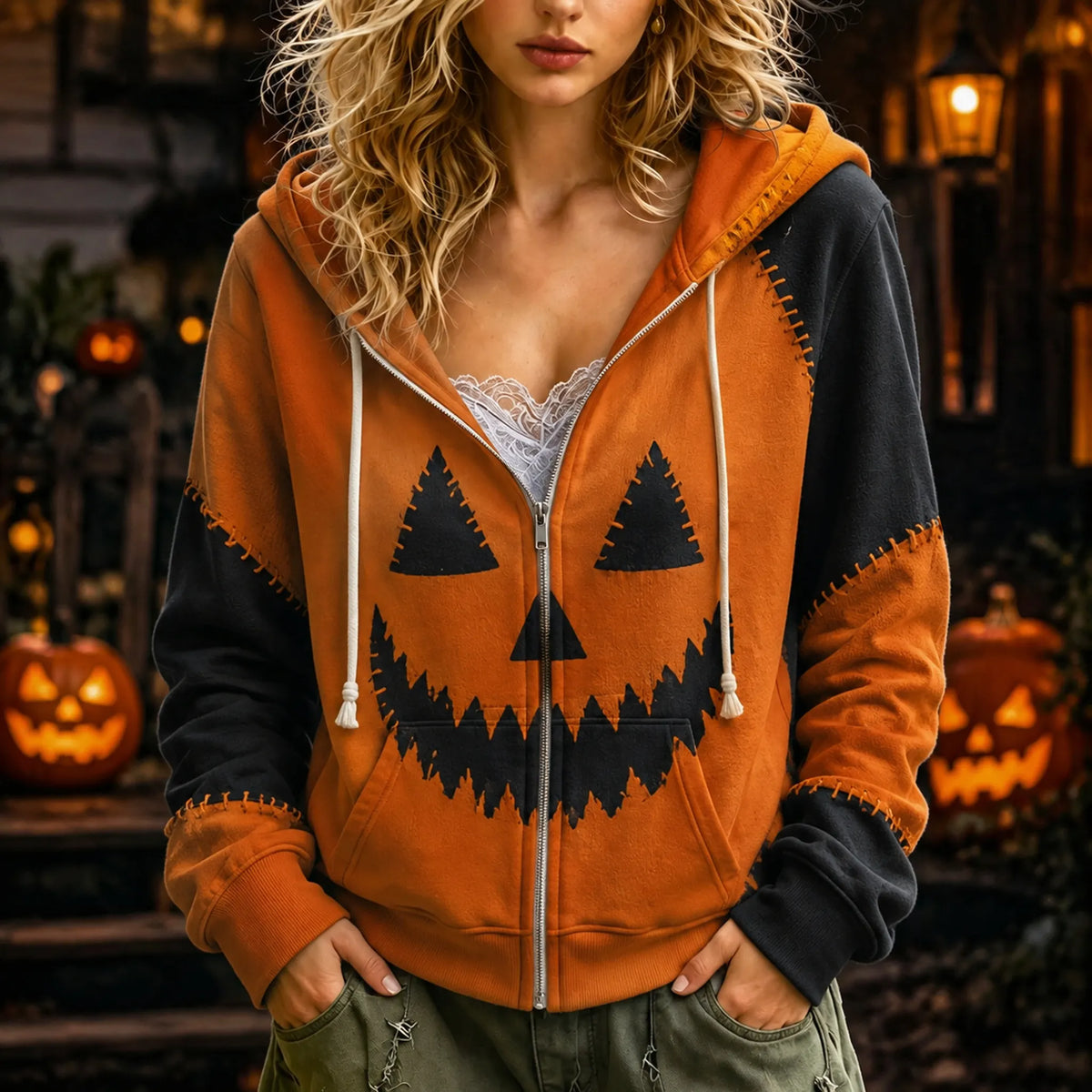 Women's Retro Halloween With Spooky Face Pattern Print Zipper Hoodie