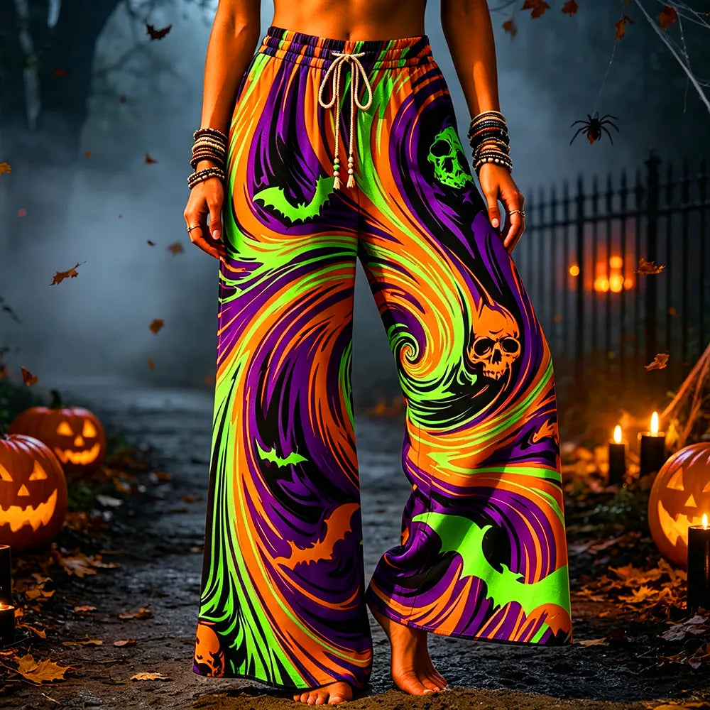 Women's Halloween Drawstring Wide-leg Pants With Swirls, Skulls, And Bats Print