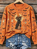 Women's Retro Halloween Cat, Ghost, And Spider Print Sweatshirt