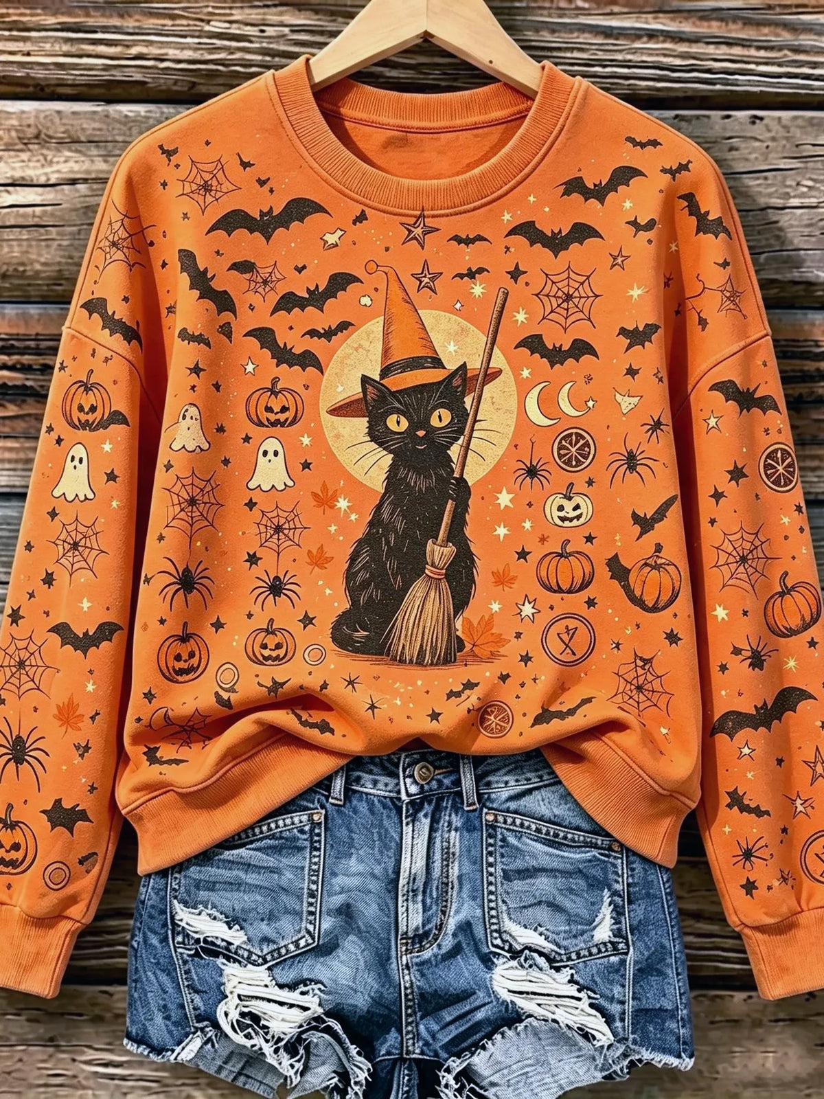 Women's Retro Halloween Cat, Ghost, And Spider Print Sweatshirt