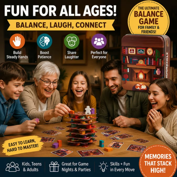 📚🎲Bookshelf Cooperative Stacking Game | Skill & Balance Card and Book Tower Game in Travel Tin