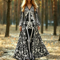Women's Gothic Skeleton With Floral Art Print V Neck Long Sleeve Maxi Dress