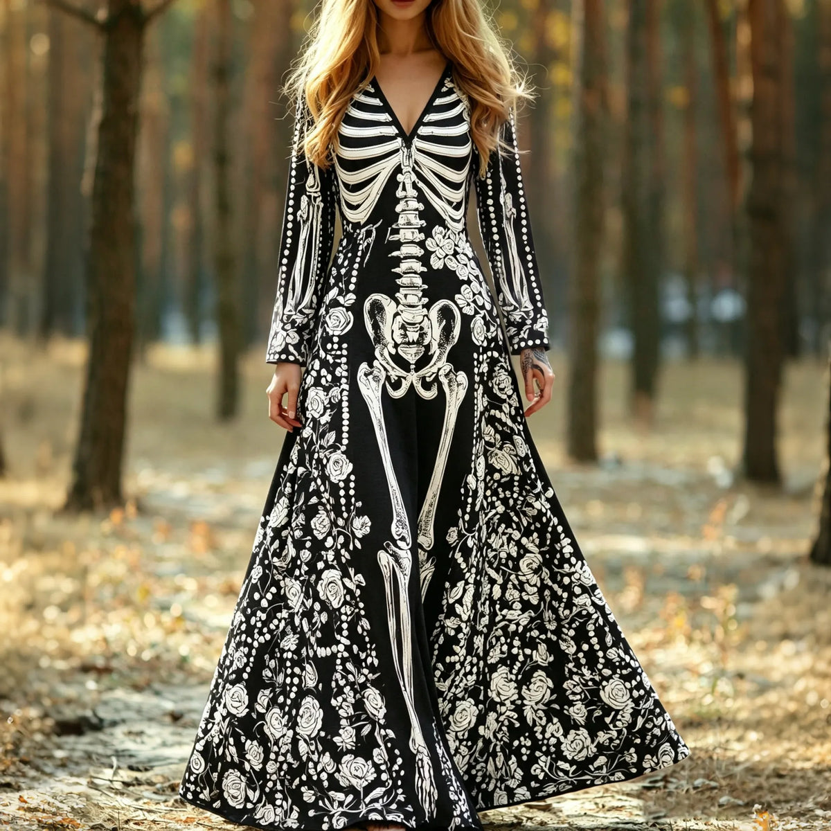 Women's Gothic Skeleton With Floral Art Print V Neck Long Sleeve Maxi Dress