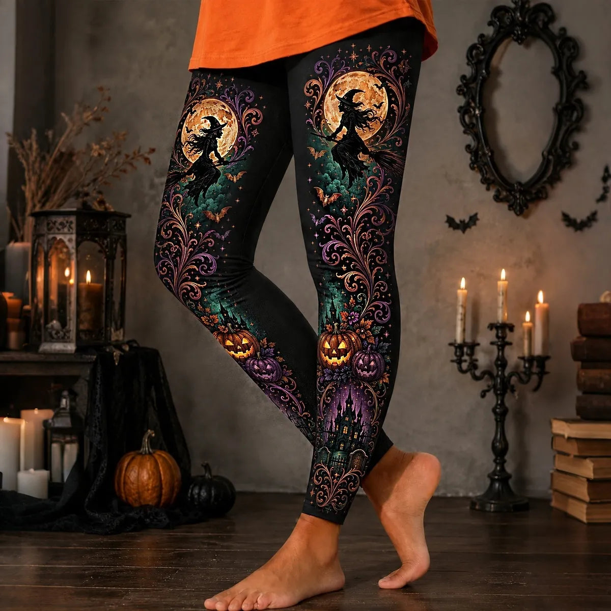 Women's Halloween Retro Witch Pumpkin Castle Print Leggings