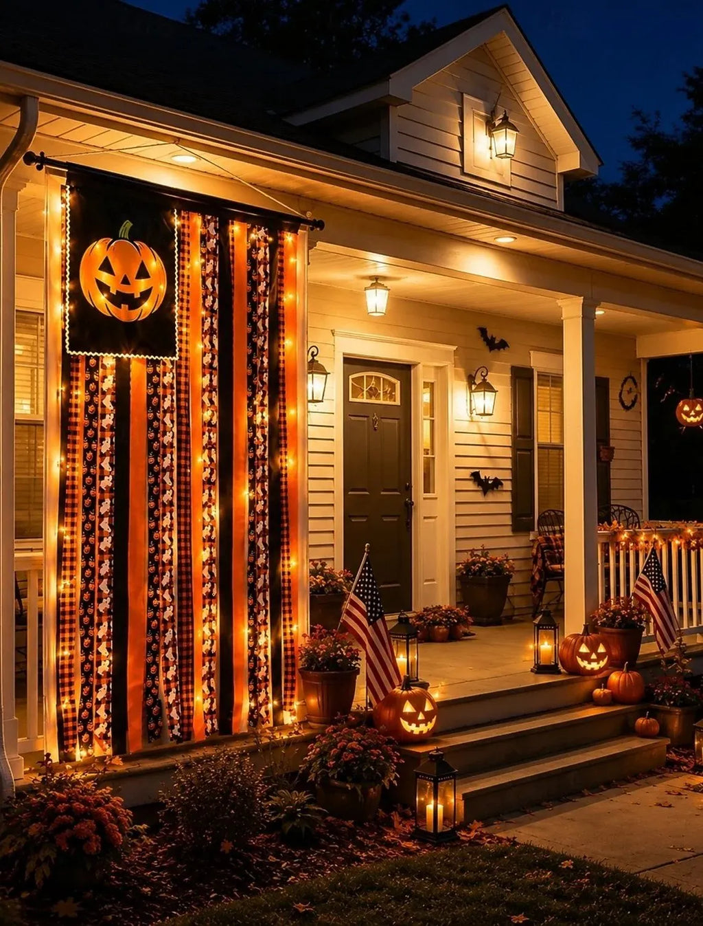 Halloween Banner Flag Pre-Lit Pumpkin Fabric Ribbon Garland Streamers