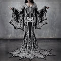 Women's Gothic Skeleton With White Roses Batwing Flare Sleeve Round Neck Bodycon Maxi Dress – Halloween Costume