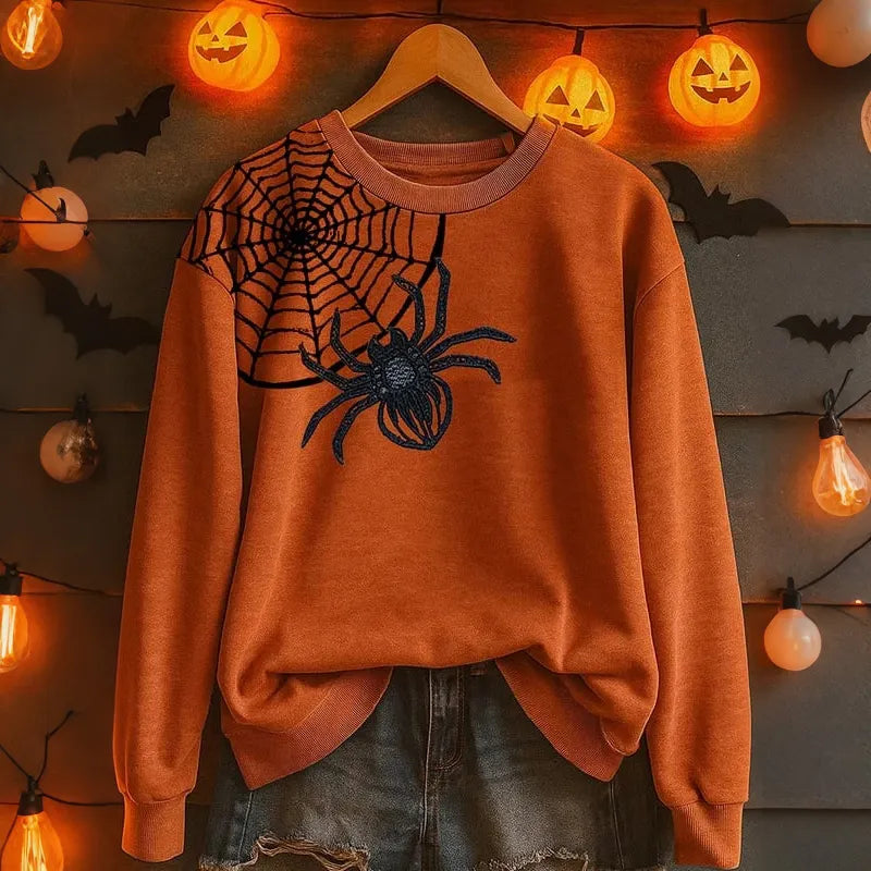 Women's Retro Halloween Spiderweb Print Casual Crew Neck Sweatshirt
