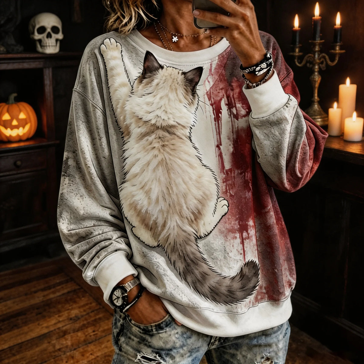 Women’s Realistic 3d Fluffy Back View Ragdoll Cat Clinging Cat In Bloody Print Crewneck Sweatshirt