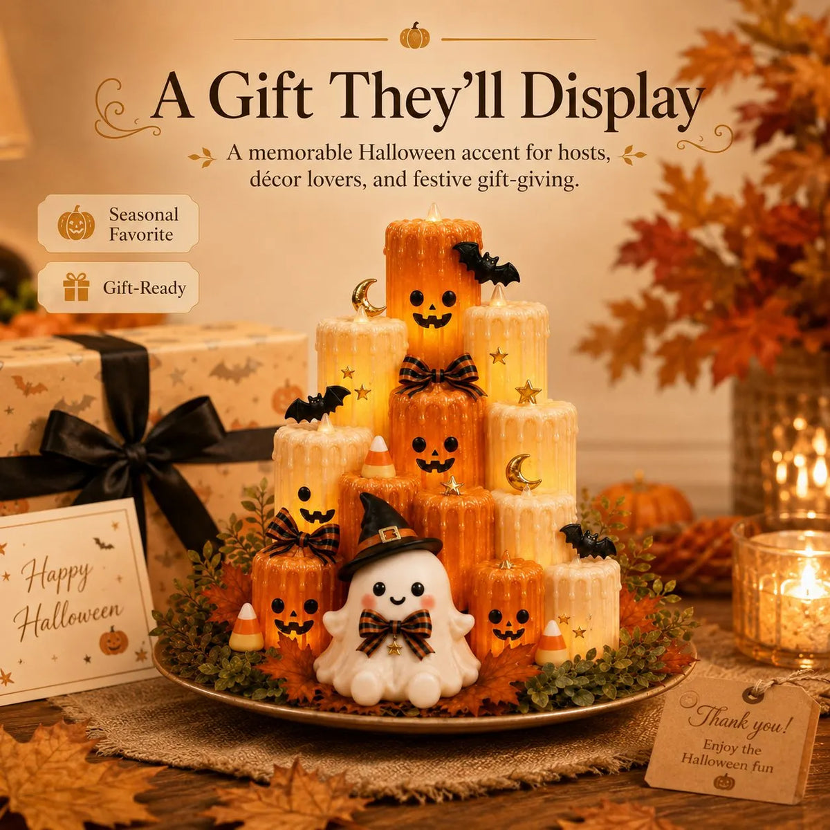 Halloween Resin Pumpkin Candle Holder Ornament with Ghost Decoration